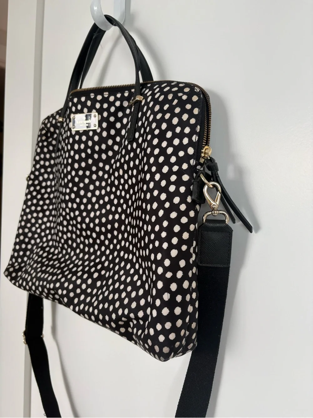 Kate Spade Spot Nylon Calista Laptop Bag, style WKRU1612, black/cream polka dot
